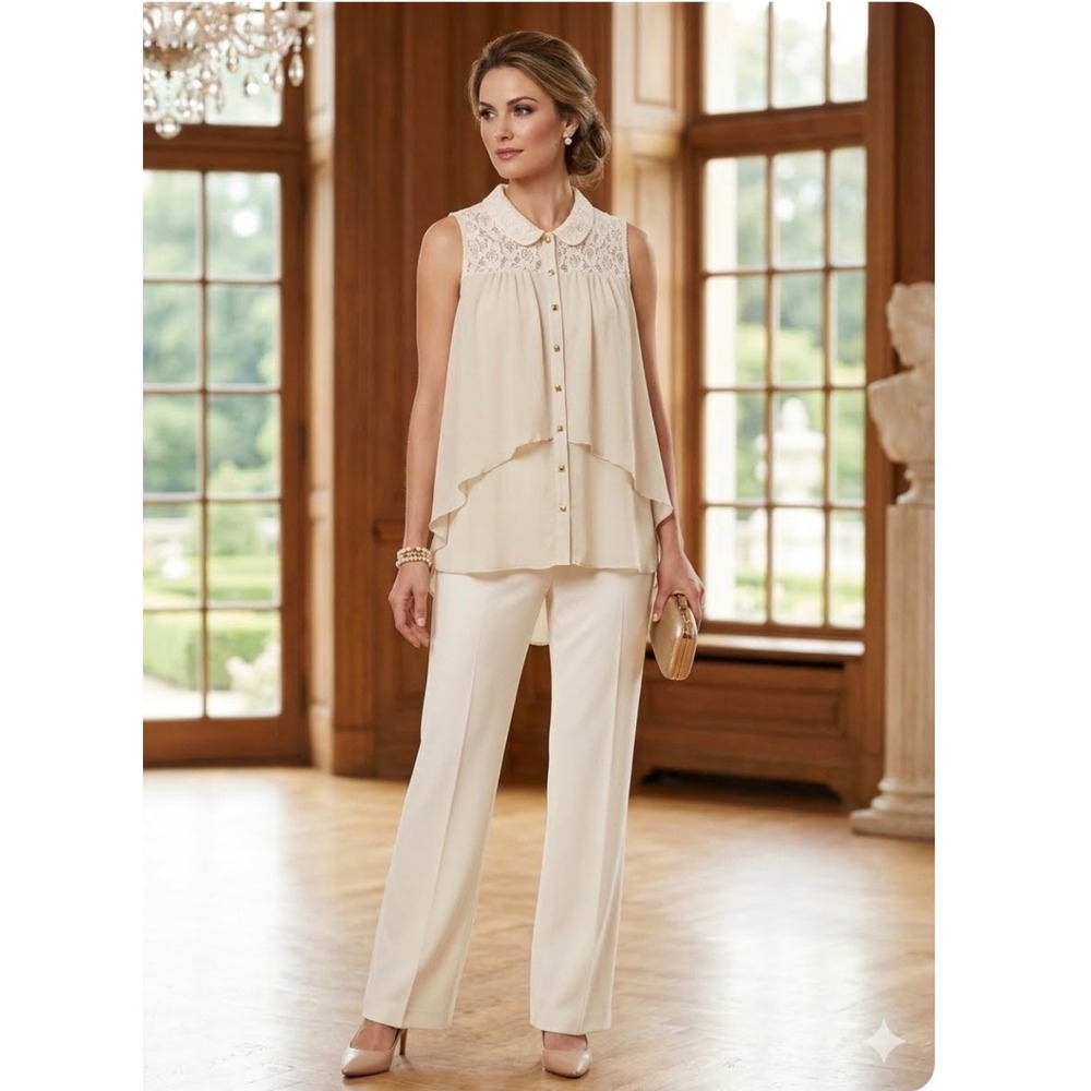 Women Chiffon Plus 1X Sleeveless Blouse Beige Lace Tiered HighLow Cottage Formal